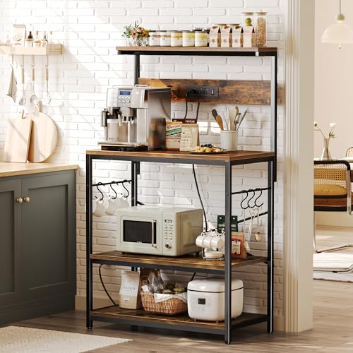 SUPERJARE Bakers Rack with Power Outlets, Microwave Stand, 31.5 X 16.5 Inch Larger Desktop, Kitchen Storage Rack with Adjustable Middle Shelf, 6 S-Shaped Hooks, Coffee Bar Stand, Rustic Brown