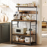 SUPERJARE Bakers Rack with Power Outlets, Microwave Stand, 31.5 X 16.5 Inch Larger Desktop, Kitchen Storage Rack with Adjustable Middle Shelf, 6 S-Shaped Hooks, Coffee Bar Stand, Rustic Brown