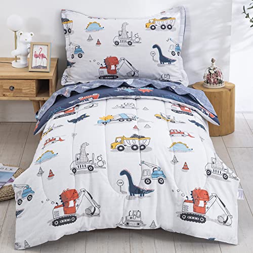 DJY Cotton Twin Bedding Set, Dinosaur Cars Reversible Twin Comforter Set for Kids Boys Girls, 4 Pieces Bed in a Bag Includes Quilted Comforter, Flat Sheet, Fitted Sheet and Pillowcase DJY