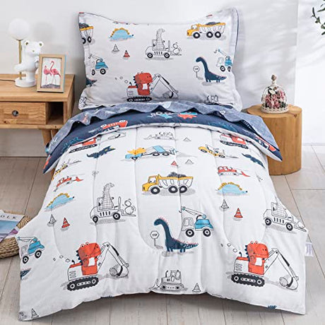 DJY Cotton Twin Bedding Set, Dinosaur Cars Reversible Twin Comforter Set for Kids Boys Girls, 4 Pieces Bed in a Bag Includes Quilted Comforter, Flat Sheet, Fitted Sheet and Pillowcase DJY