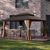 Domi Hardtop Gazebos 10x14FT, Aluminum Metal Gazebo with Galvanized Steel Double Roof Canopy, Curtain and Netting, Permanent Gazebo Pavilion for Patio, Backyard, Deck and Lawn, Brown domi outdoor living
