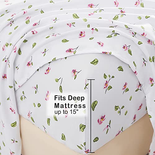 Mooreeke Full Sheets Set - 4 Pieces Soft Breathable Microfiber Bed Sheet Set - Pink Flower Green Leaf Pattern Sheet Set - Deep Pocket Non-Slip Floral Printed Fitted Sheet Included for All Season Mooreeke