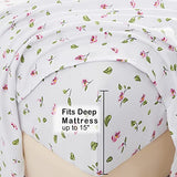 Mooreeke Full Sheets Set - 4 Pieces Soft Breathable Microfiber Bed Sheet Set - Pink Flower Green Leaf Pattern Sheet Set - Deep Pocket Non-Slip Floral Printed Fitted Sheet Included for All Season Mooreeke