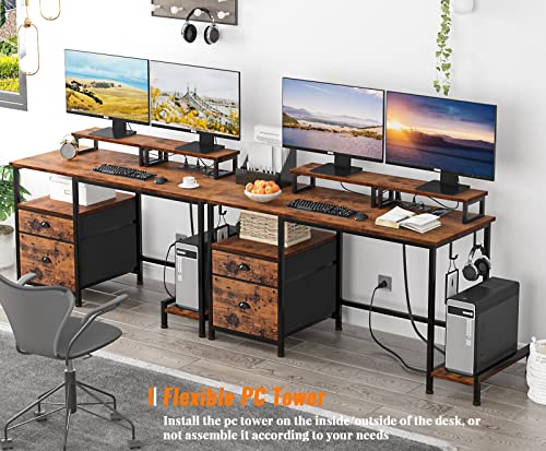 Furologee Computer Desk with Drawer and Power Outlets, 47" Office Desk with 2 Monitor Stands and Fabric File Cabinet, Writing Gaming Table with Shelves and 2 Hooks for Home Office, Rustic Brown Furologee