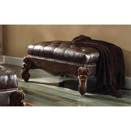 Acme Versailles Faux Leather Upholstered Ottoman in Dark Brown and Cherry Oak ACME Furniture