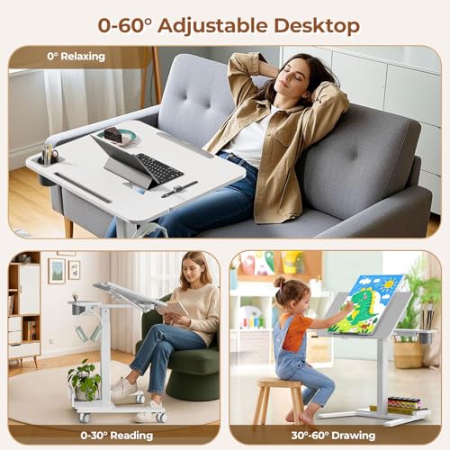 JYLH JOYSEEKER 28" Mobile Standing Desk, Height Adjustable Rolling Laptop Cart with 60° Tiltable Top & Storage Shelf, Stand up Desk on Wheels, Portable Workstation for Home Office, White JYLH JOYSEEKER