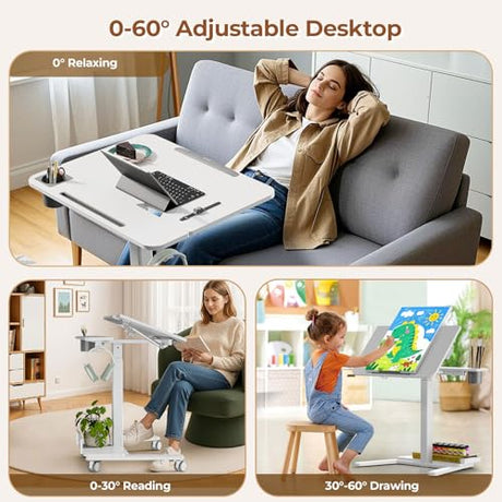 JYLH JOYSEEKER 28" Mobile Standing Desk, Height Adjustable Rolling Laptop Cart with 60° Tiltable Top & Storage Shelf, Stand up Desk on Wheels, Portable Workstation for Home Office, White JYLH JOYSEEKER