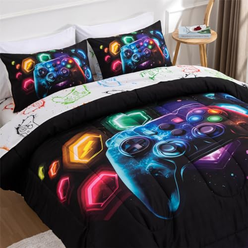 NTBED Game Console Comforter Set for Boys Girls Kids Space Universe Gaming Geometric Lightweight Microfiber Gamer Bedding Sets (Multi, Twin 5Pcs) NTBED