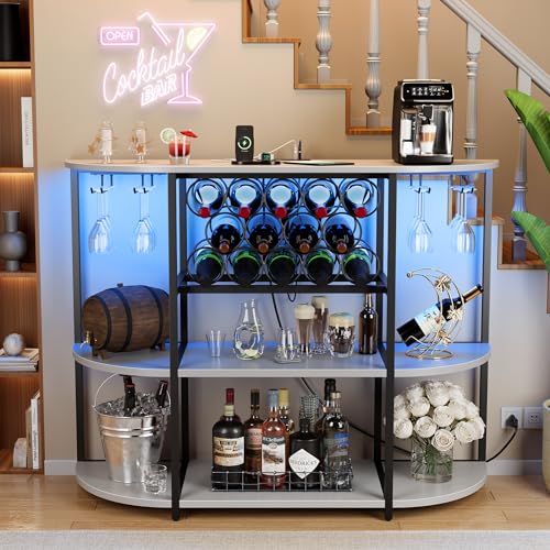 VICTONE Wine Bar Cabinet with LED Lights and Power Outlets, Freestanding Coffee Liquor Bar Cabinet with Glass Holder, Wine Rack Table for Home Kitchen Dining Room (White) - WoodArtSupply