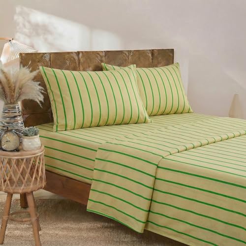 Merryword 100% Cotton Sheet Set Queen Size, Khaki & Green Stripes Bedding, Soft Breathable Percale Weave, Modern Minimalist, Luxury Linen Like, Deep Pocket Fitted Sheet 17.5" Merryword