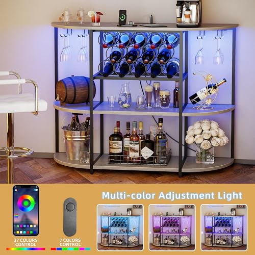 VICTONE Wine Bar Cabinet with LED Lights and Power Outlets, Freestanding Coffee Liquor Bar Cabinet with Glass Holder, Wine Rack Table for Home Kitchen Dining Room (White) - WoodArtSupply