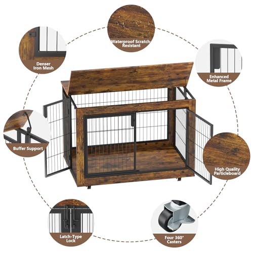 EasyCom Large Dog Crate Furniture, 41.33" Extra Large Dog Kennel Indoor with Top-Access Teasing/Feeding Door, Spacious Dog Crates for Large Dogs, Furniture-Style Dog Cage with Wheels Dog Crate Table EasyCom