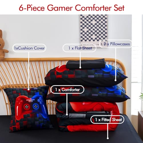 PERFEMET 6 Pieces Kids Comforter Sets Twin Size Red and Blue Game Console Bedding Set for Boys Girls Soft Fluffy 3D Cool Teen Gamer Bed in A Bag for All Seasons(Red Blue, Twin) PERFEMET