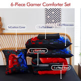 PERFEMET 6 Pieces Gaming Bedding Sets Full Size Red and Blue Gamer Comforter Set for Boys Girls Soft Fluffy 3D Cool Video Game Kids Bed in A Bag for All Seasons(Red Blue, Full) PERFEMET