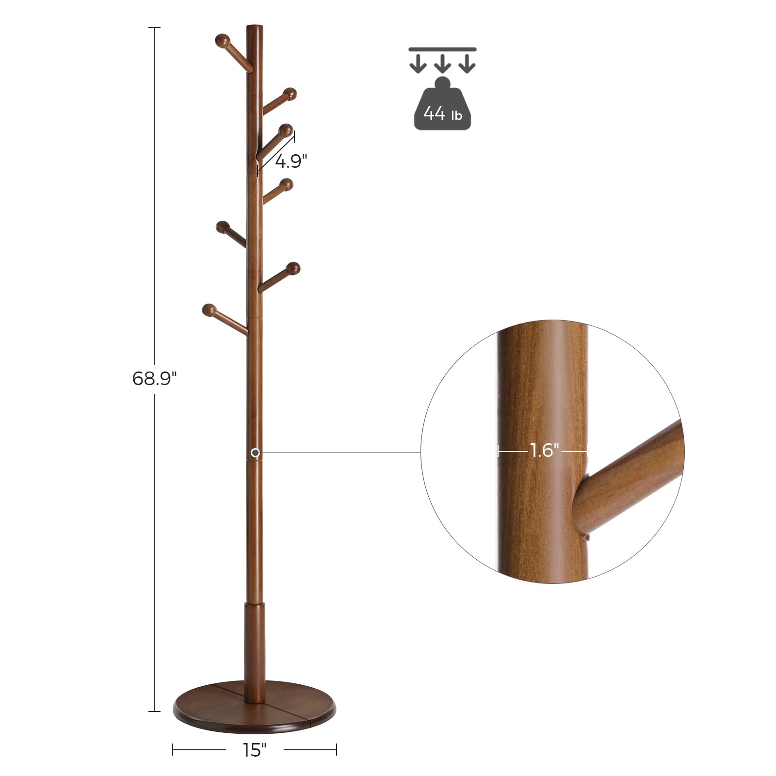 VASAGLE Solid Wood Coat Rack, Wood Hall Tree, Coat Rack Stand with 7 Rounded Hooks, Stable Round Base, 3 Height Options, for Living Room, Bedroom, Home Office, Dark Walnut URCR07WN - WoodArtSupply