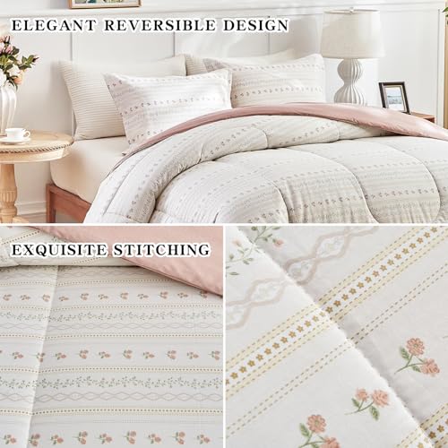 Joyreap 3pcs Floral Cotton Comforter Set for Girls, Pink Flower Stripes Boho Design, Twin Size Soft n Cozy Bedding Comforter Set for All Season- 68x88 inches Joyreap