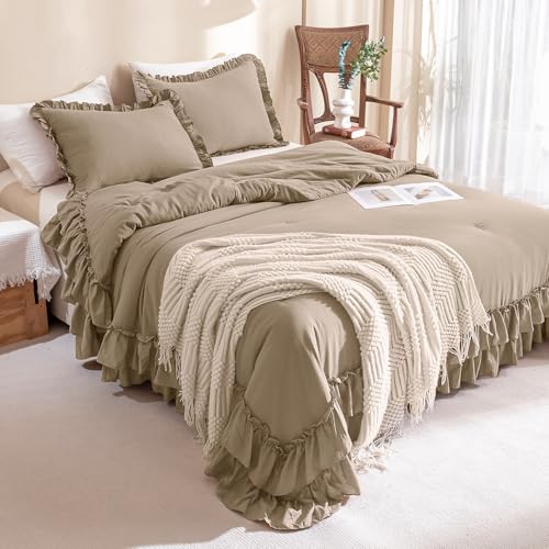 QSH 3PCs Light Taupe Ruffled Comforter Set Queen Size,Shabby Boho Chic Bedding Comforter Sets Queen, Ultra Soft Farmhouse Lightweight Microfiber Inner Fill Bed Comforter Set QSH