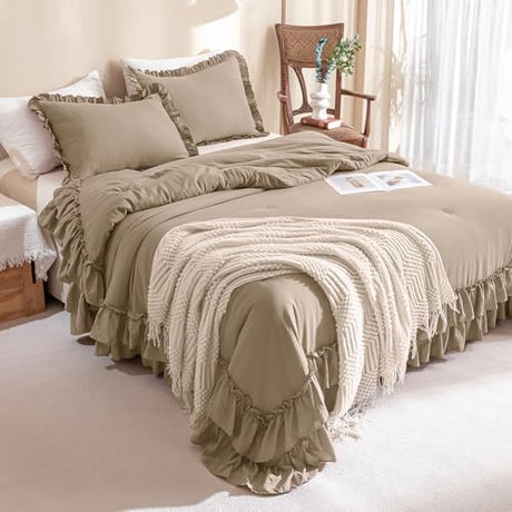 QSH 3PCs Light Taupe Ruffled Comforter Set Queen Size,Shabby Boho Chic Bedding Comforter Sets Queen, Ultra Soft Farmhouse Lightweight Microfiber Inner Fill Bed Comforter Set QSH