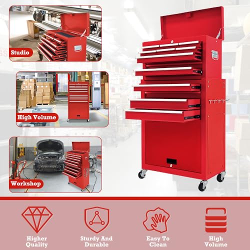 Kirmosal 13 Drawers Rolling Tool Chest with Wheels,Large Capacity Tool Storage Cabinet with Removable Top Toolbox, Locking Mechanical Tool Cart with Liner,Suitable for Garages, Warehouses-red Kirmosal