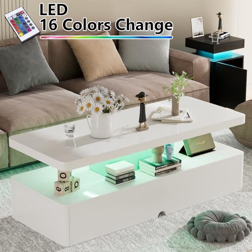 oneinmil Modern Stylish Coffee Table with 16 Colors LED Lights, Double-Layer Design for Living Room, White - WoodArtSupply