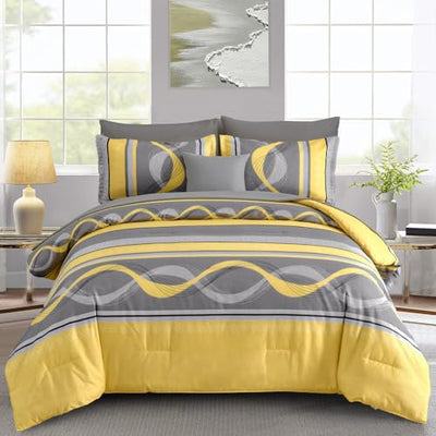 Anibedding Yellow Comforter Set King Size,8 Pieces Bed in a Bag Patchwork Striped Bedding Sets,Boho Soft Microfiber Bedding Set for All Season(104"×90")