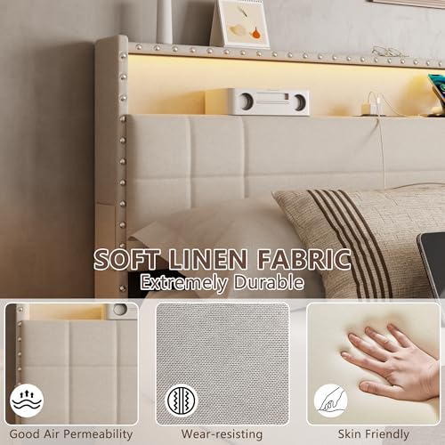 Forestell Queen Bed Frame with 4 Drawers and Storage Headboard, Upholstered Platform Bed Frame Queen Size with LED Lights and Charging Station, Metal Slats Support, No Box Spring Needed, Beige Forestell