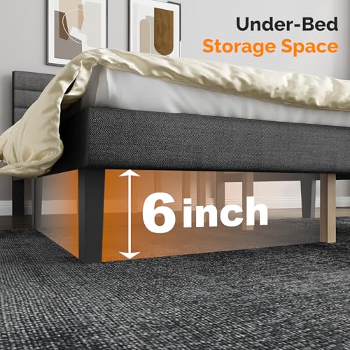 VINGLI Platform Bed Frame Queen Size with Linen Fabric Headboard,Modern Panel Low Profile Bed with Upholstered & Sturdy Slats Support for Bedroom, Mattress Foundation, Dark Gray VINGLI