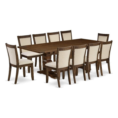East West Furniture LAMZ11-N8-32 11 Piece Kitchen Table Set Includes a Rectangle Dining Table with Removable Leaf and 10 Light Beige Linen Fabric Upholstered Chairs, 42x92 Inch, Walnut East West Furniture