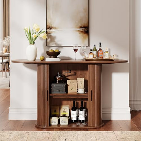 55 Inch Console Table with Storage, Fluted Entryway Tables with Sliding Doors, Sofa Table Behind The Couch, Hallway Tables, Mid-Century Modern Foyer Table for Entryway, Hallway, Living Room, Walnut ONBRILL