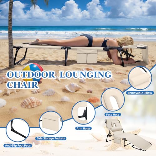 Ahsuname 3-in-1 Sun Tanning Chair with Face Holes, Folding Chaise Lounge Chairs, 5-Position Adjustable Lounge Chair Outdoor with 2 Side Pocket & Pillow, for Pool Beach, Patio, Camping, Beige