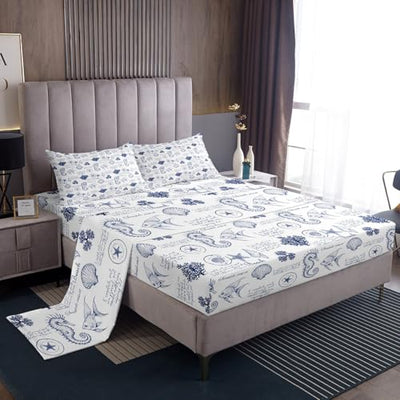 Coastal Sheet Set King Size,Seashell Conch Seahorse Starfish Coral Bedding Set 4Pcs,Ocean Beach Nautical Bed Sheet for Kids Teens Adult Room Decor,Navy White Fitted + Flat Sheet,2 Pillowcases