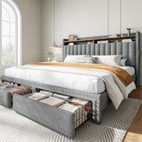 EnHomee King Size Bed Frame with 2 Metal Storage Drawers, Vertical Tufted Upholstered King Platform Bed with Headboard Shelf, 1000lbs Heavy Duty, No Box Spring Needed,Easy Assembly,Grey EnHomee