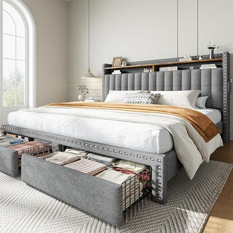 EnHomee King Size Bed Frame with 2 Metal Storage Drawers, Vertical Tufted Upholstered King Platform Bed with Headboard Shelf, 1000lbs Heavy Duty, No Box Spring Needed,Easy Assembly,Grey EnHomee
