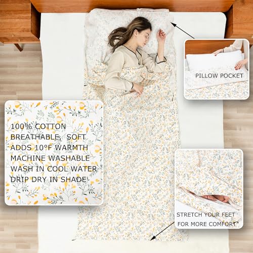 Exermil 100% Cotton Sleeping Bag Liner with Full Length Zipper on 3 Sides; Single/Double Adult Sleep Sack for Travel & Camping, Multifunctional Travel Sheets (Unzipped 87”x87”) for Hotel, Lightweight EXERMIL