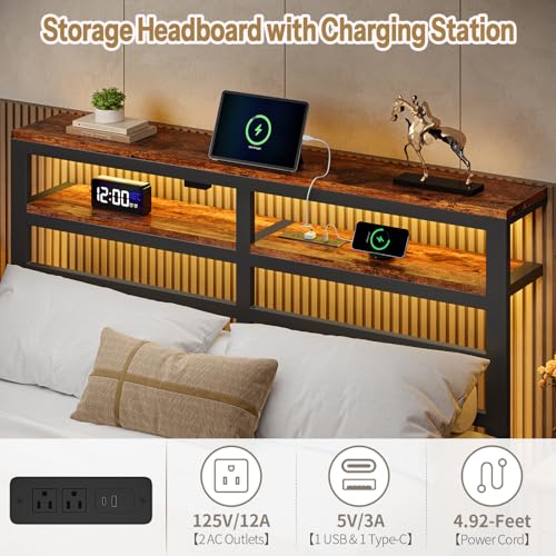 kozfrn Floating Bed Frame Full Size with Storage Headboard,Modern Metal Platform with Smart LED Lights and Charging Station,Metal Slat Support,No Box Spring,Easy Assembly,Noise-Free,Black kozfrn