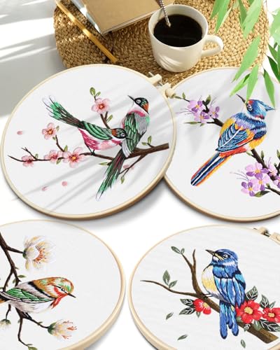 TINDTOP Embroidery Kit for Adults, Flowers and Bird Embroidery Practice Kits for Beginners Adults Include Embroidery Cloth Hoops Threads for Craft Lover Hand Stitch TINDTOP