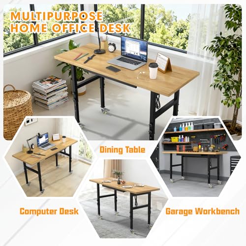 60" Adjustable Workbench,Heavy-Duty Work Table,3000 LBS Load Capacity Hardwood Workstation Outlets with Power Strips, Drawers and Wheels,for Workshop, Garage Gymplis
