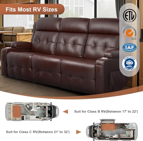 Futon Sofa Bed, 3-Seater Reclining Futon Home Theater Seating Couch with Flip Middle Backrest, RV Wall Hugger Sleeper Sofa Bed with Pockets, Dawer & Cup Holders, 150° Recline for RV & Living Room Tiooii