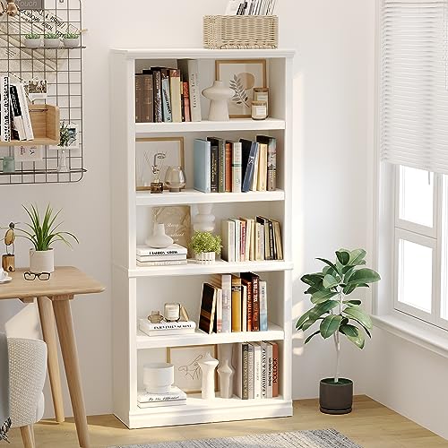 5-Shelf Tall Bookcase in White – Spacious Wooden Bookshelves for Home Office, Living Room, and Bedroom blini