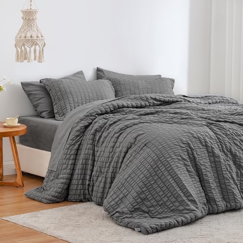 Love's cabin Seersucker Dark Grey Full Comforter Set, 7-Piece All Season Lightweight Bed in a Bag Bedding Set with Comforter, Flat Sheet, Fitted Sheet, Pillowcases and Shams Love's cabin