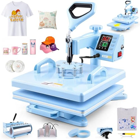 AKEYDIY Heat Press 15x15 inch 8 in 1 with 30OZ Tumbler Press, 360° Swivel Away Slide Out Digital Shirt Press Machine, Industrial Heat Transfer Machine Sublimation for T-Shirt (15x15-8 in 1 Blue) AKEYDIY