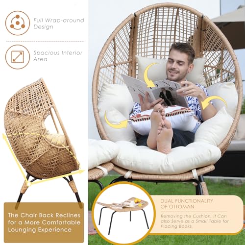 NICESOUL® Wicker Stationary Egg Chair Indoor Outdoor Egg Basket Lounge Chair Oversized Thick Cushions Egg Seat with Legs 440lbs Egg Nest Chair with Ottoman, Boho Rattan Chair for Patio Beige NICESOUL