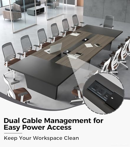 Anzhap 10FT Conference Table, Large Rectangular Seminar Meeting Table, Modern Conference Room Table with Cable Management & 2" Thickened DeskTop for Office Meeting (Oak + Gray, 118"L * 51"W * 30"H) Anzhap