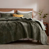 LEAONME Velvet Quilt King Size 98''x106'', Lightweight Olive Green Velvet Comforter Set with 2 Matching Shams, Soft Cross Stitch Bedspread Coverlet Bedding Set for All Season LEAONME