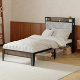 Sweetcrispy Twin Bed Frame with Headboard, Storage Headboard with USB Charging Station, Durable Squeak-Free Frame, Simple No-Tool Assembly,Works with Twin Mattress No Box Spring Needed Sweetcrispy