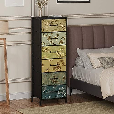 Furnulem Tall 6 Drawers Dresser, Vintage Storage Organizer Unit with Fabric Bins for Bedroom, Living Room, Closet, Nusery, Dorm, Entryway, Bedside Furniture, Sturdy Metal Frame, Wood Top Furnulem