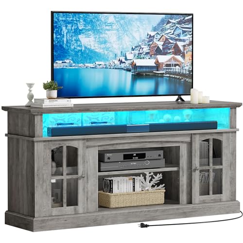 YITAHOME LED Farmhouse TV Stand for TV up to 65 Inch w/Outlets, Highboy Media Entertainment Center Console Table Adjustable Storage Shelves &Cabinet Glass Door for 400lbs for Living Room, Rustic Gray