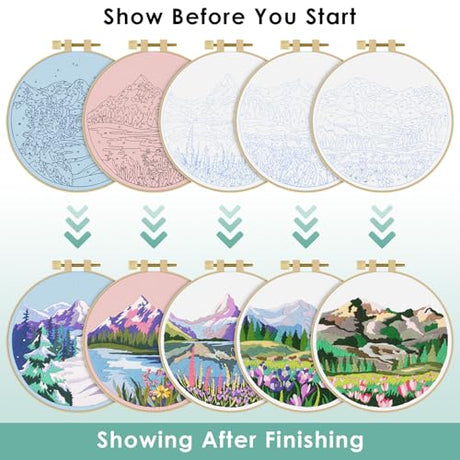 ERKOON Embroidery Kit for Beginners, 5 Sets Flower Cross Stitch Set for Adults Include Embroidery Cloth Hoops Threads for Craft Lover Hand Stitch with Skill Techniques (Landscape) ERKOON