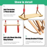 Weavelife 3 Pcs Gym Swing Set Includes Wooden Swing, Trapeze Bar with Rings & Climbing Rope Ladder for Kids, Indoor/Outdoor Play Equipment Combo Toy Gift with Hanging Hooks Weavelife