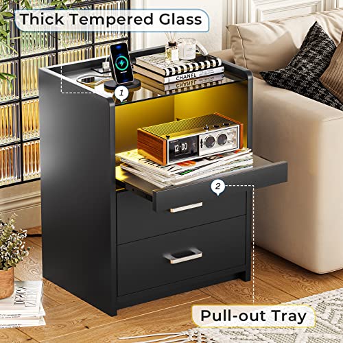 VIAGDO Nightstand with Charging Station and LED Lights, Black Night Stand with Glass Top and Storage Drawers, End Side Tables with Pull-Out Tray and USB Ports, Modern Bedside Tables for Bedroom VIAGDO